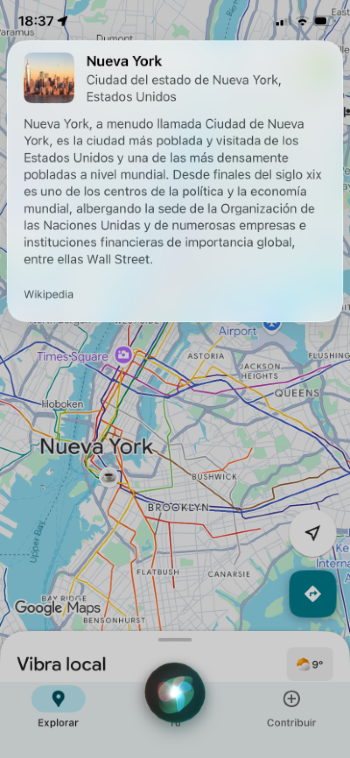 A Siri pop with a paragraph showing information about New York City in Spanish in response to “¿Me puedes contar algo sobre Nueva York?”