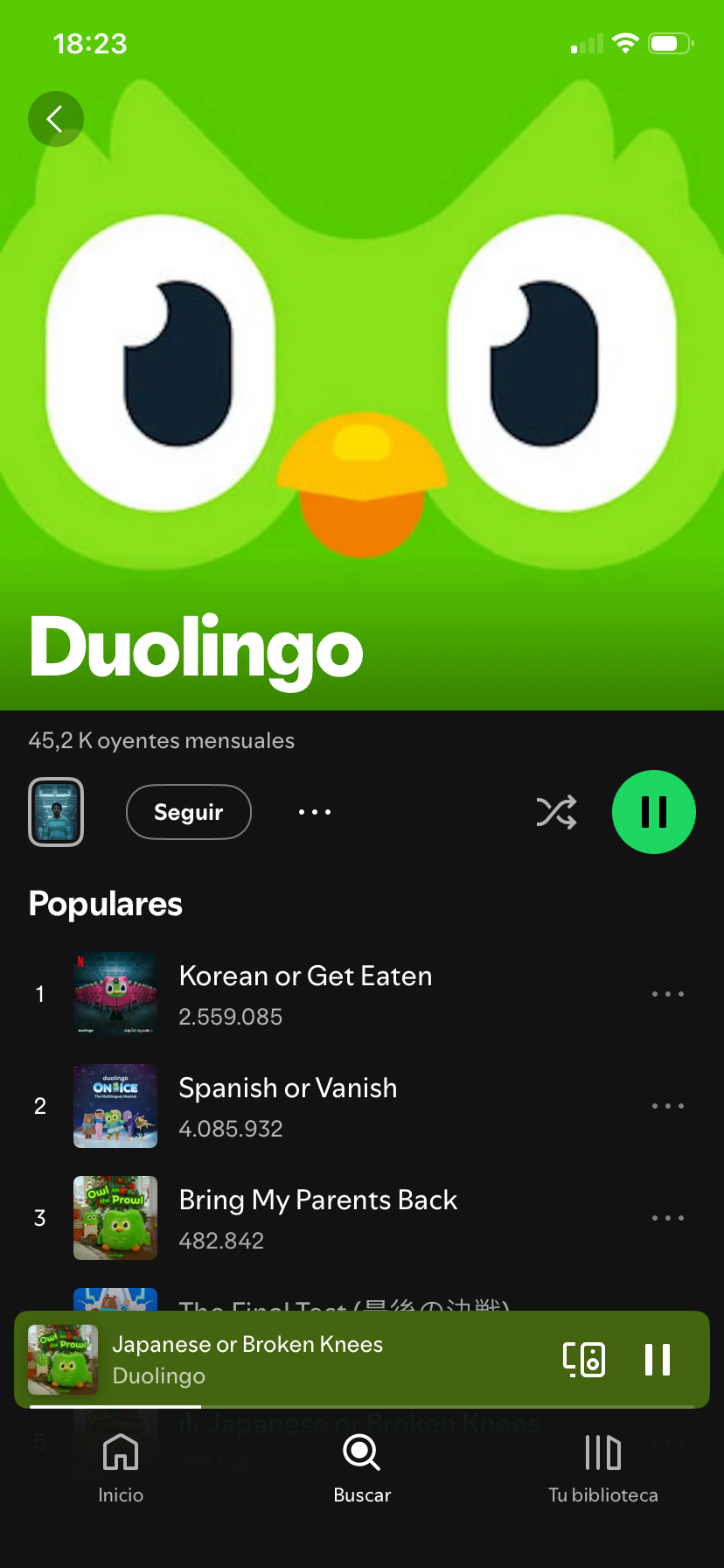 Screenshot of the Duolingo artist page on Spotify. The UI is all in Spanish.