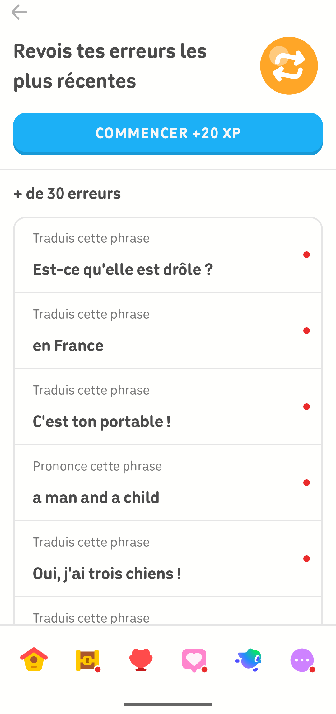 Écran affichant la revue des erreurs, avec plusieurs exercices à revoir tirées d'anciennes leçons.