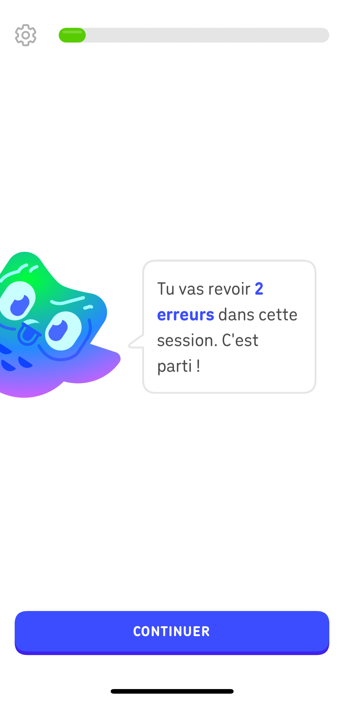 Un écran de leçon Duolingo au début de la revue des erreurs. Duo le hibou dit : « Tu vas revoir 10 erreurs dans cette session. »