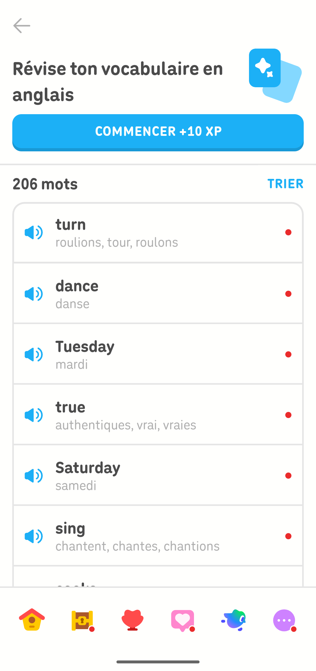 Écran d’entraînement affichant « Révise ton vocabulaire en anglais » pour 10 XP. Il y a 206 mots de vocabulaire à revoir.