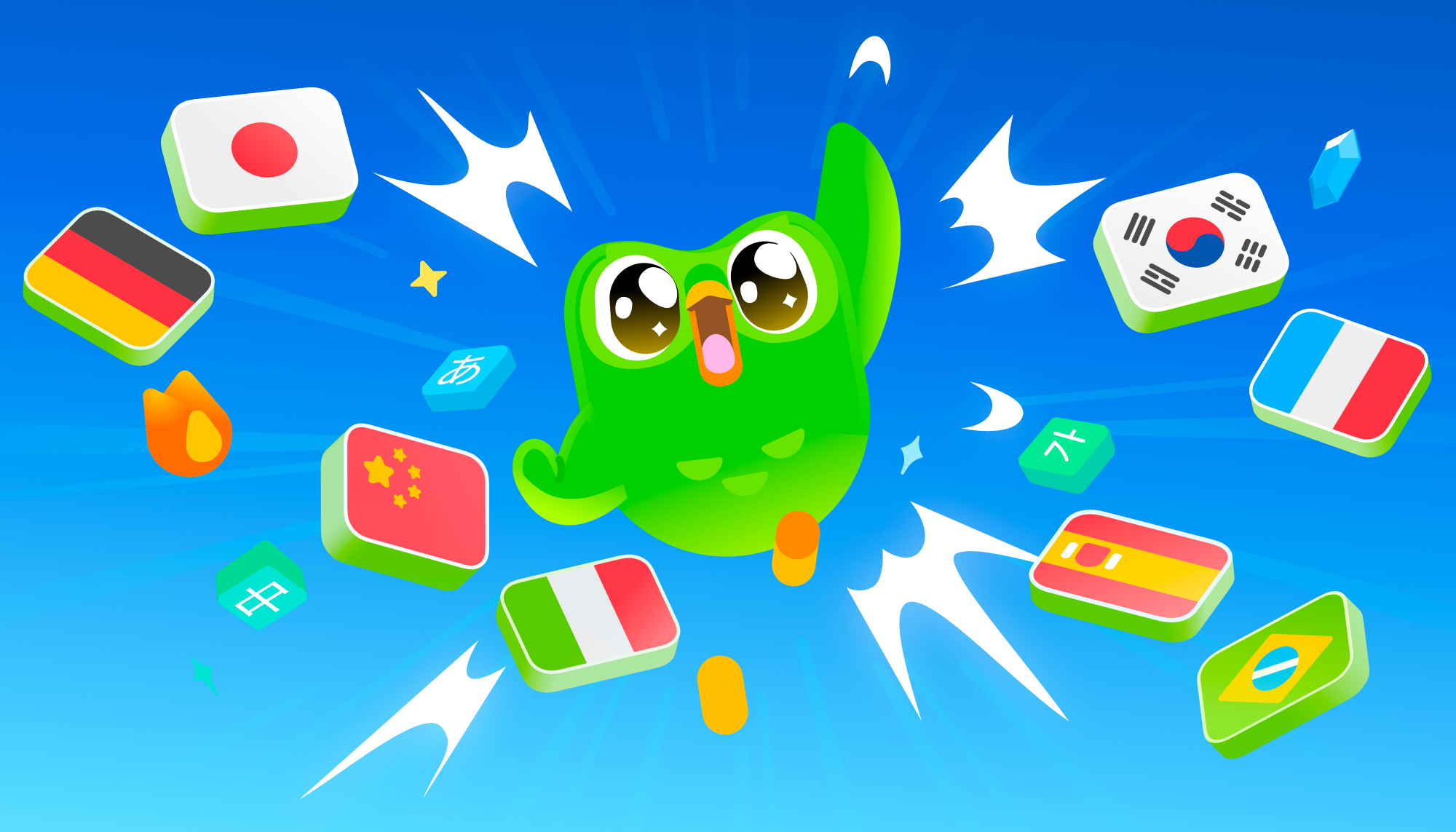 Illustration of Duo the owl flying through the sky with different country flags in the air