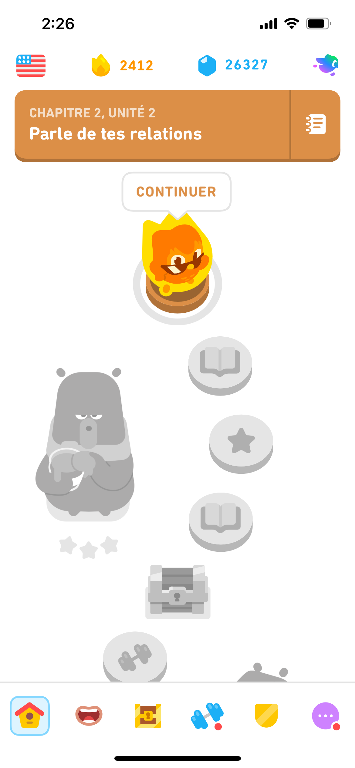 Le parcours d’apprentissage Duolingo montrant les leçons à venir du cours de français