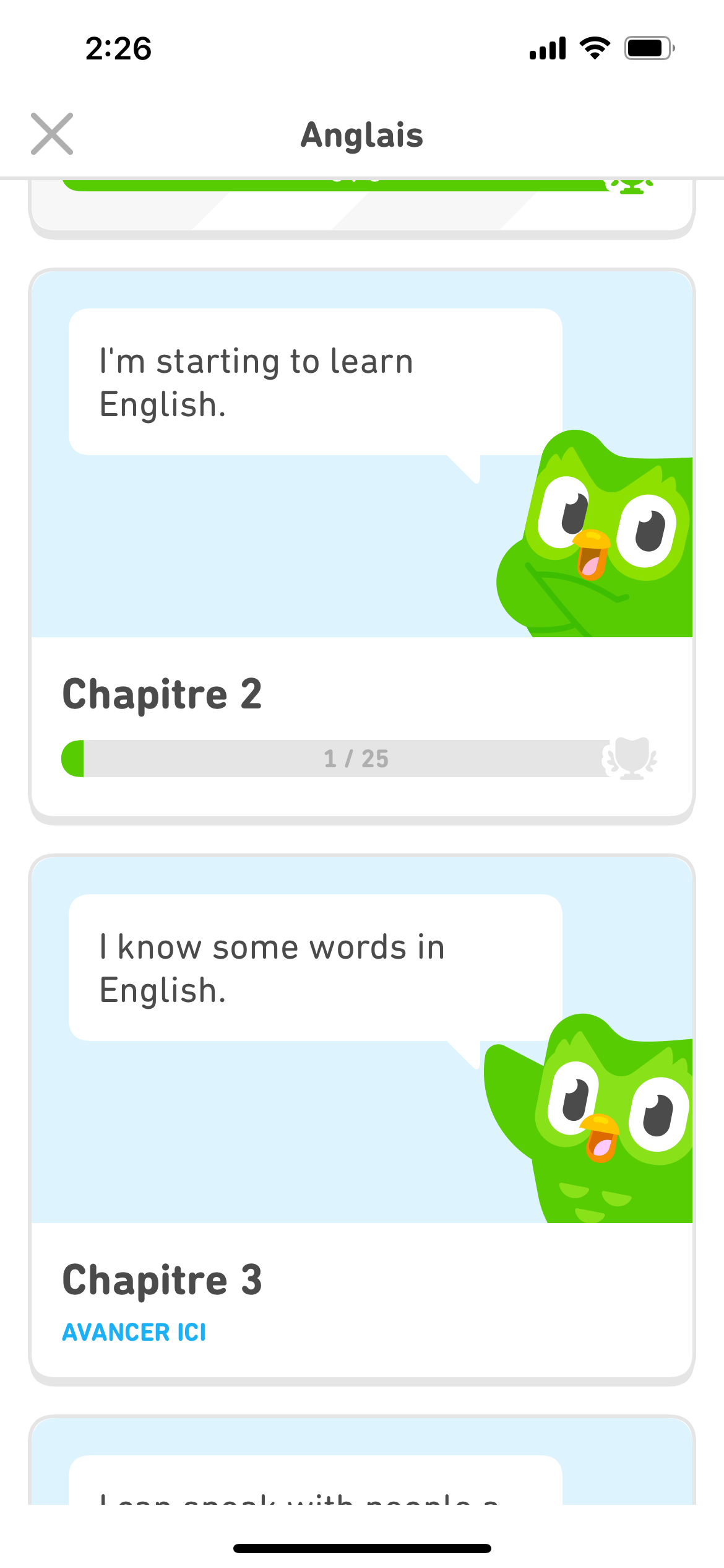 Le menu des chapitres du cours de français montrant la progression du chapitre actuel ainsi que les chapitres à venir