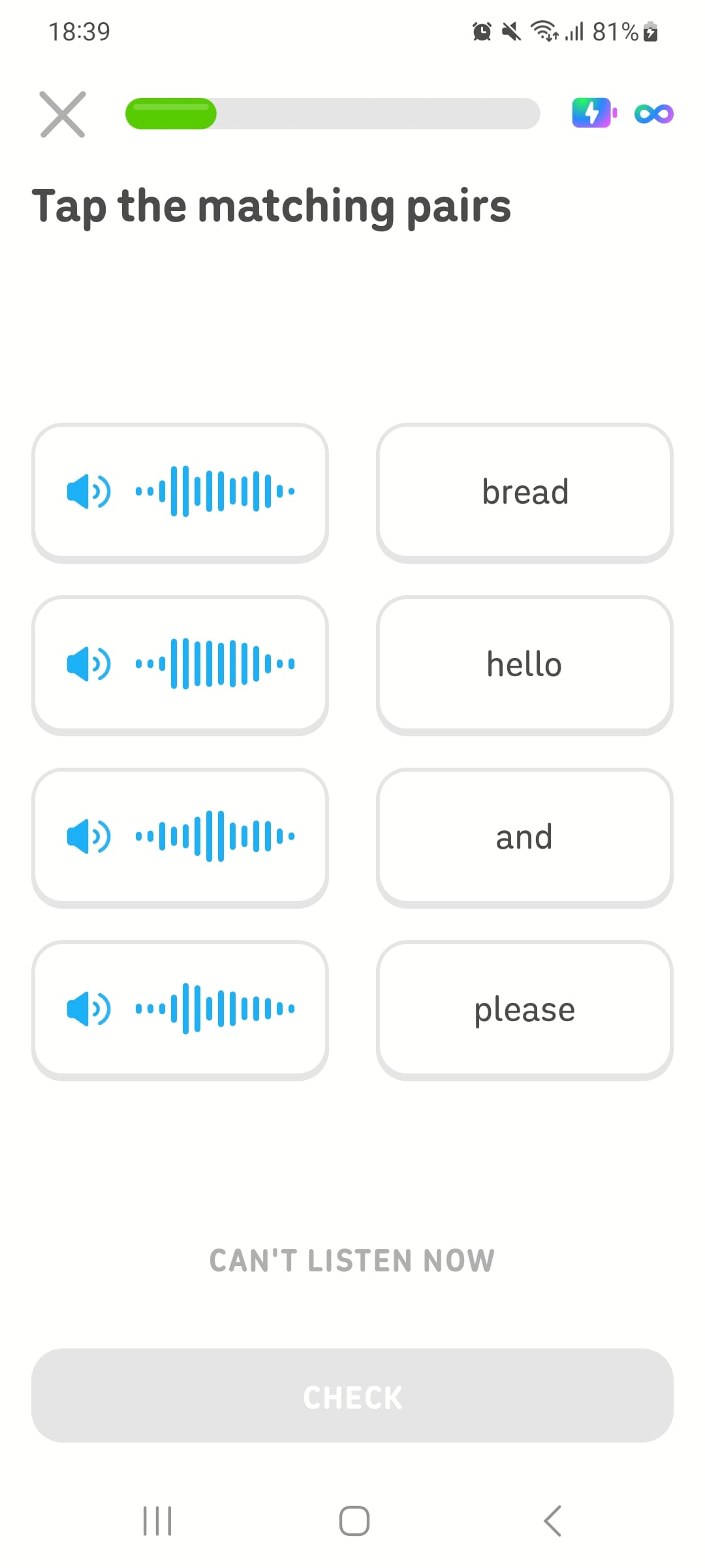 Screenshot of a Duolingo lesson with the instructions “Tap the matching pairs” and one column of buttons with speaker icons, indicating to tap and listen, and a second column of buttons with the English words “bread,” “hello,” “and,” and “please.”