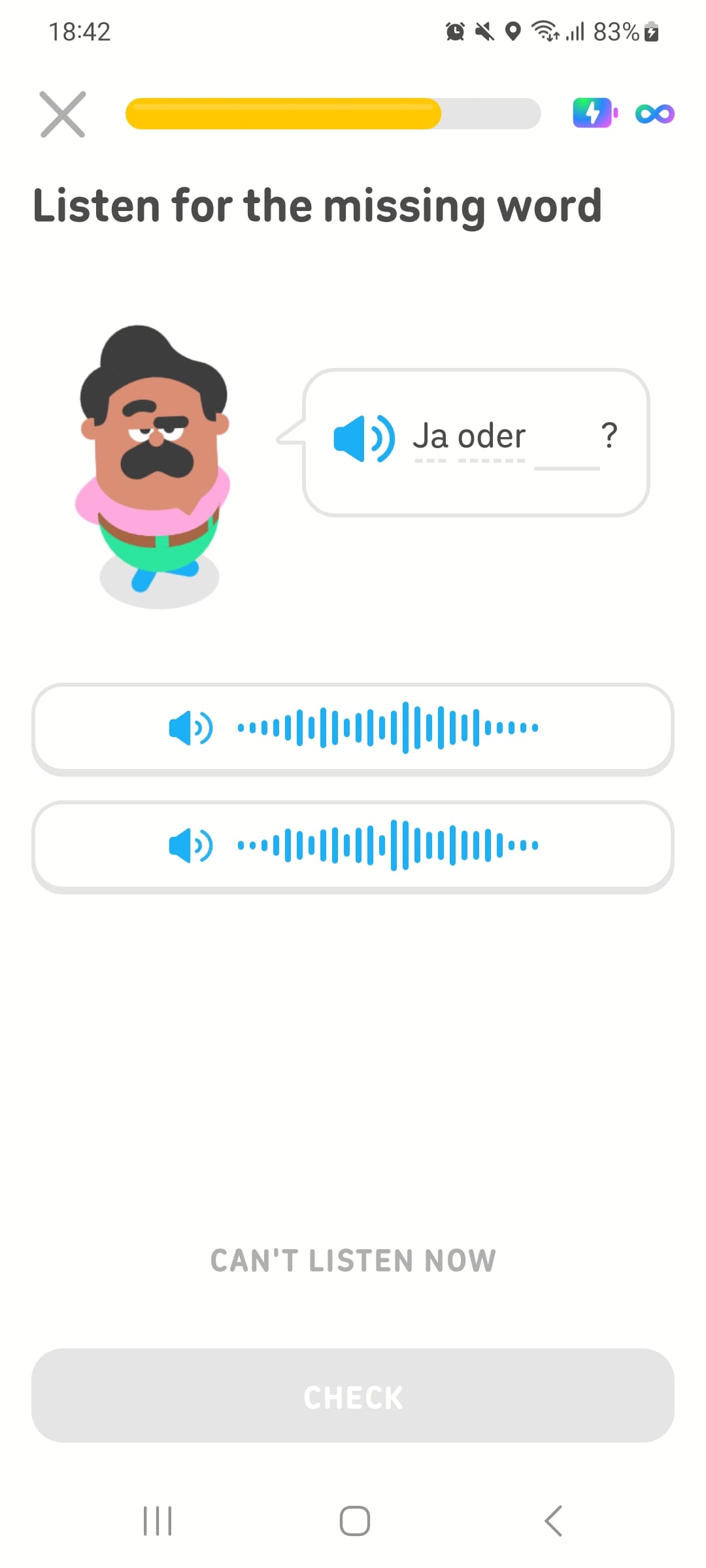 Screenshot of a Duolingo lesson with the instructions “Listen for the missing word.” Duolingo character Oscar is shown saying a German sentence with one word missing. Beneath him, two buttons with speaker icons are presented as options.