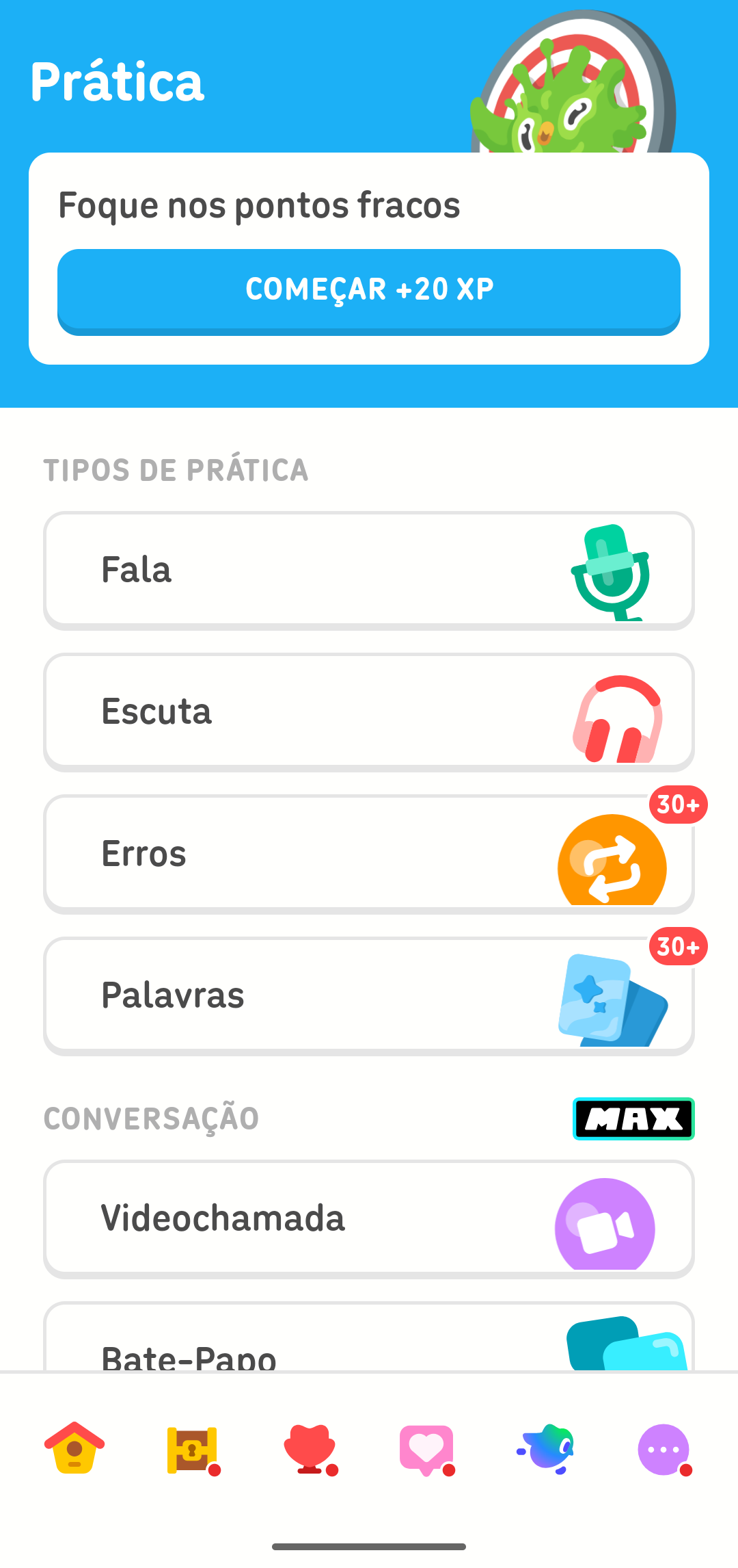 Captura de tela da aba de Prática do Duolingo com as opções de prática gratuita. A opção em destaque é “Foque nos pontos fracos”, mas o resto da lista inclui: Fala, Escuta, Erros e Palavras.