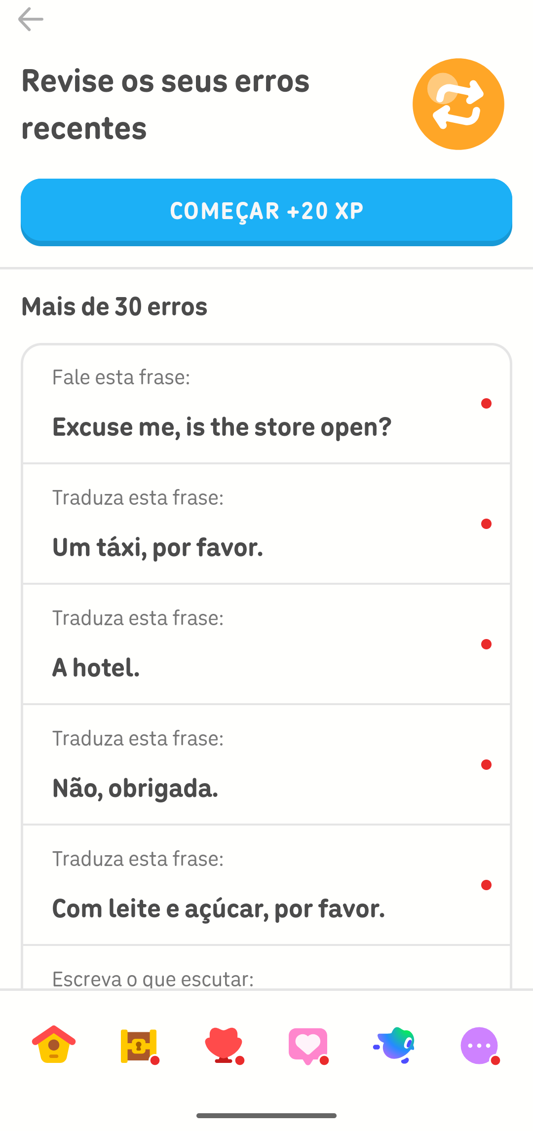 Tela que mostra a revisão de erros com vários exercícios das lições que a pessoa pode revisar.
