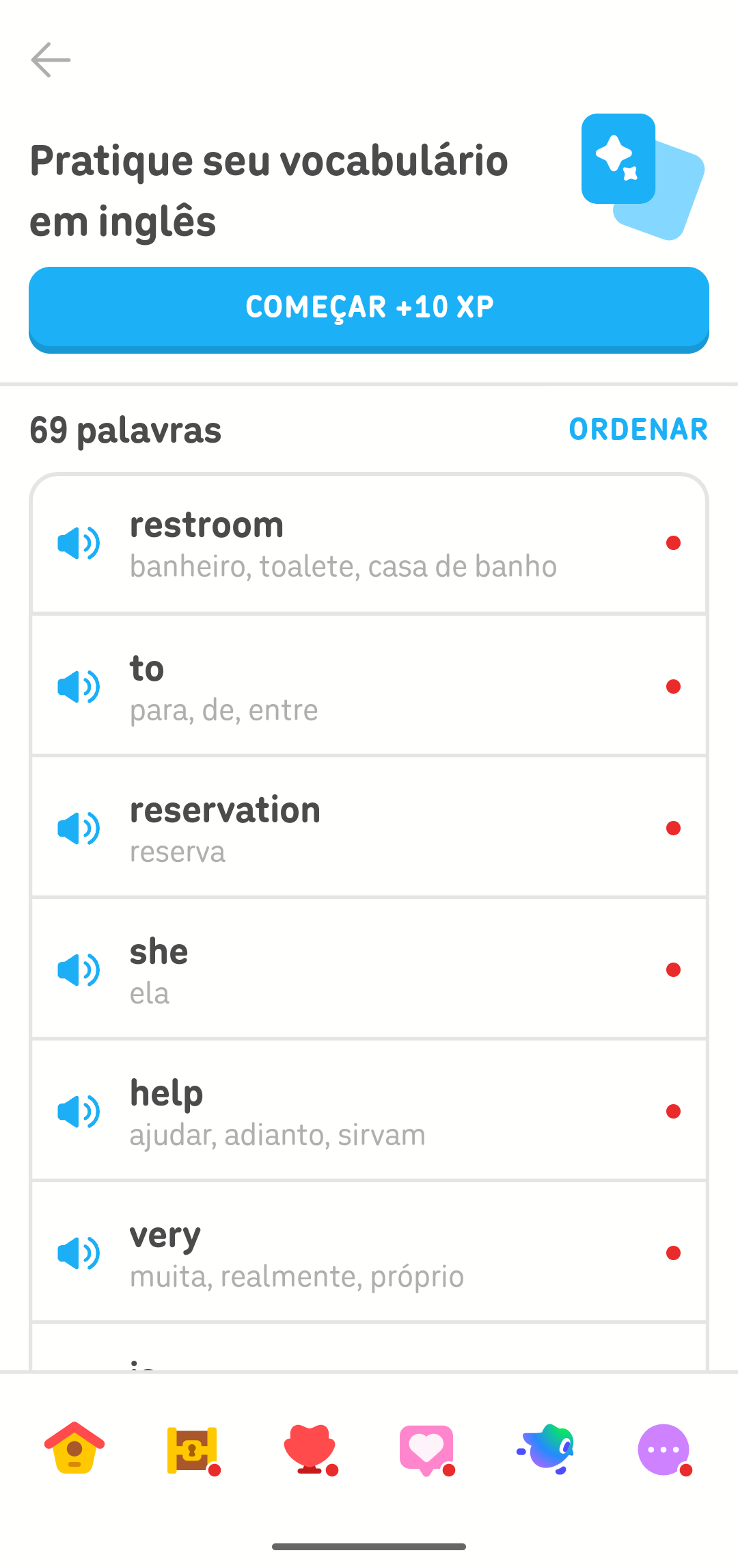 Tela de prática com o seguinte desafio que vale 10 XP: “Pratique seu vocabulário em inglês”. Há 69 palavras em inglês disponíveis para praticar.