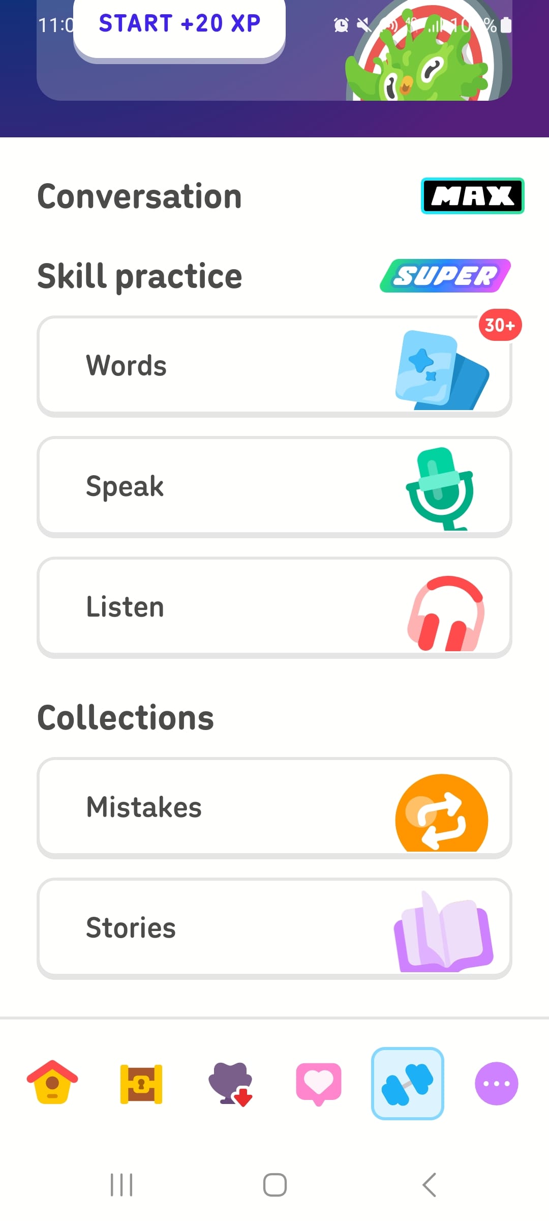 A screenshot of the Practice tab. The lesson options are divided into two sections, “Skill practice” and “Collections.” “Skill practice” includes “Words,” “Speak,” and “Listen,” and the “Collections” consist of “Mistakes” and “Stories.”