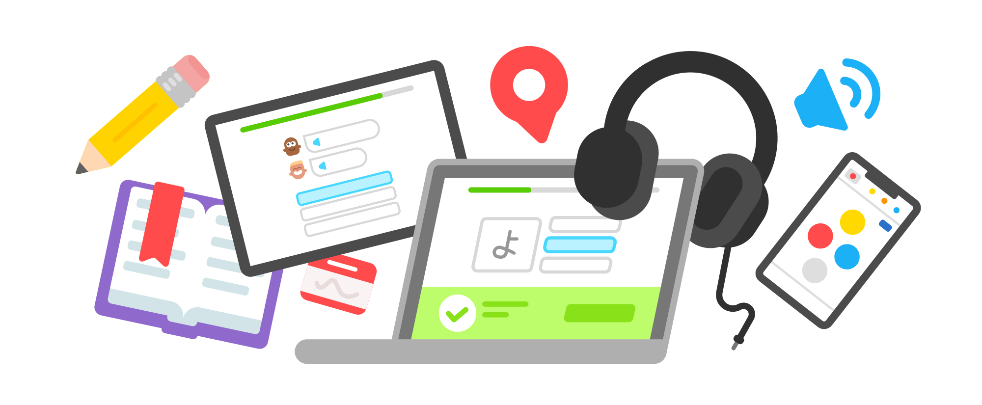 Collage of images representing reading, listening, writing, and speaking: a pencil, book, Duolingo Story, name tag, laptop with a Duolingo lesson, a dropped pin, headphones, an audio button, and a cell phone with a Duolingo lesson