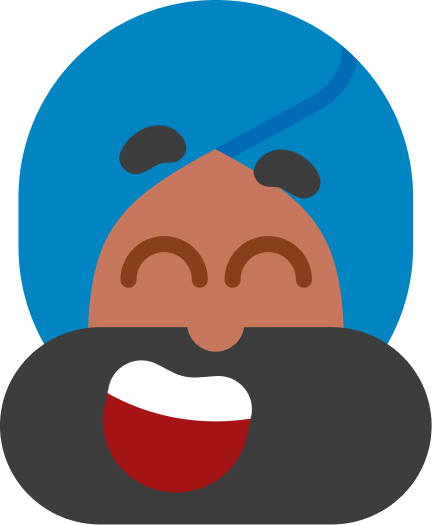 Duolingo character Vikram smiling with his mouth open