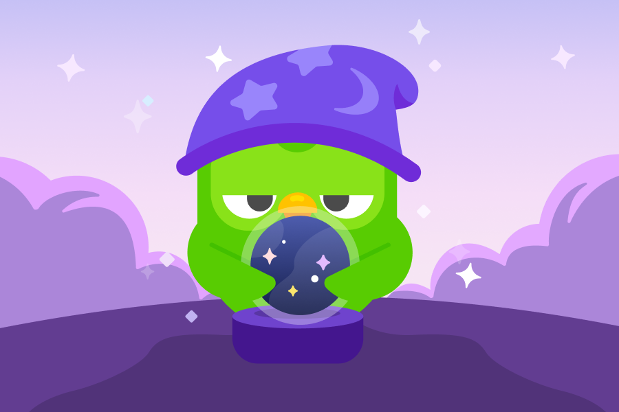 Duo looking into a sparkly crystal ball while wearing a purple wizard’s hat decorated with stars and a crescent moon.