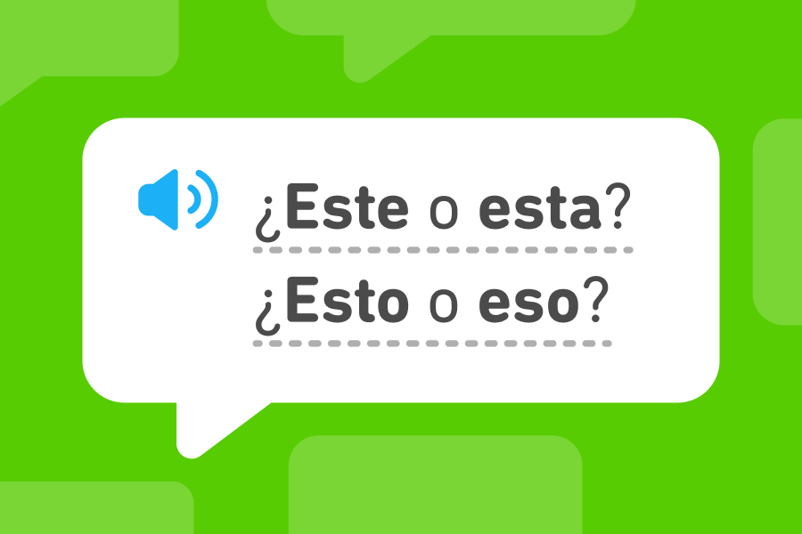 スペイン語で「Este o esta」と「Esto o eso」という2つの質問が書かれた吹き出しのイラスト