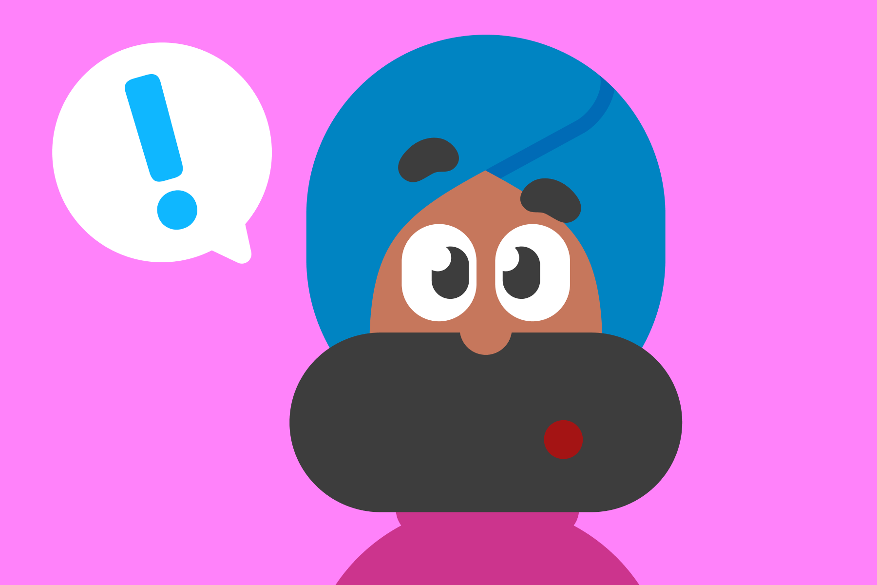 Ilustración del personaje de Duolingo Vikram, sorprendido con un signo de exclamación junto a su cabeza