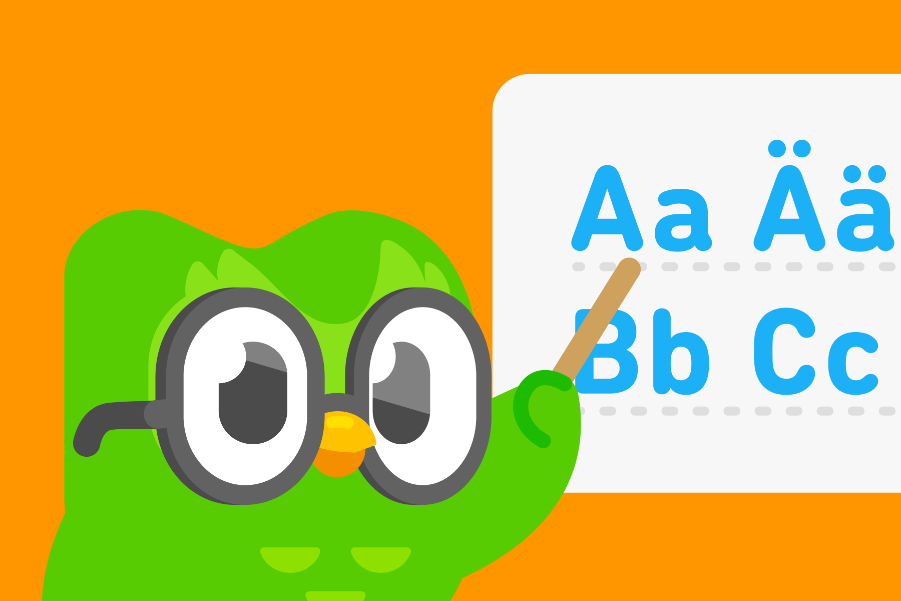 Duo de óculos apontando com uma varinha para as letras “A”, “Ä”, “B” e “C” do alfabeto em alemão, escritas em uma lousa.