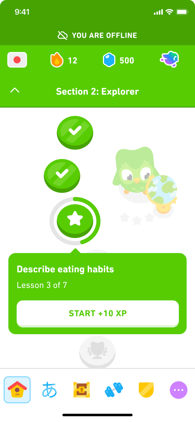 Duolingo app in offline mode showing lesson progress without backend connectivity.