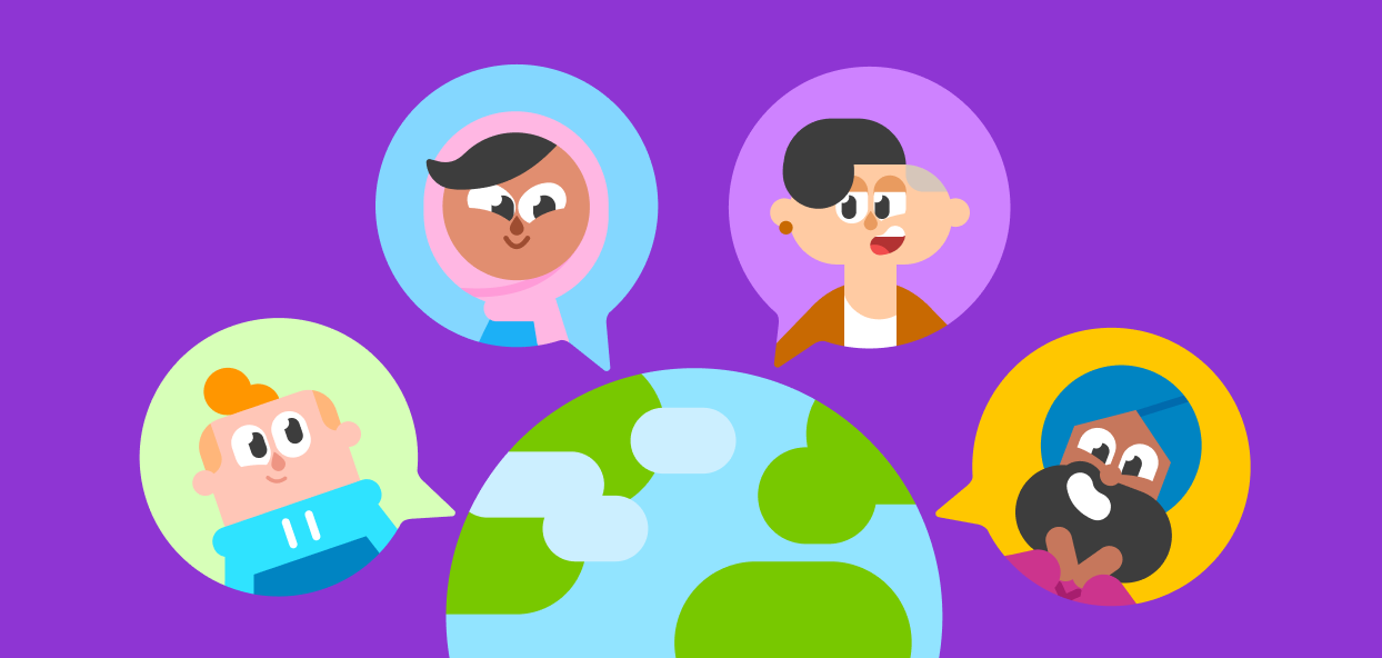Verschiedene Duolingo-Charaktere umgeben die Welt.