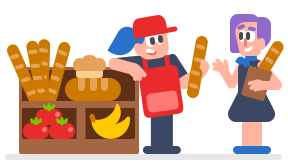 Image of two women standing next to a large display of baguettes, loaves of bread, tomatoes, and bananas. The woman on the left wears an apron and appears to be the baker and is talking to the woman on the right, who is carrying a baguette in a paper bag and appears to be a customer