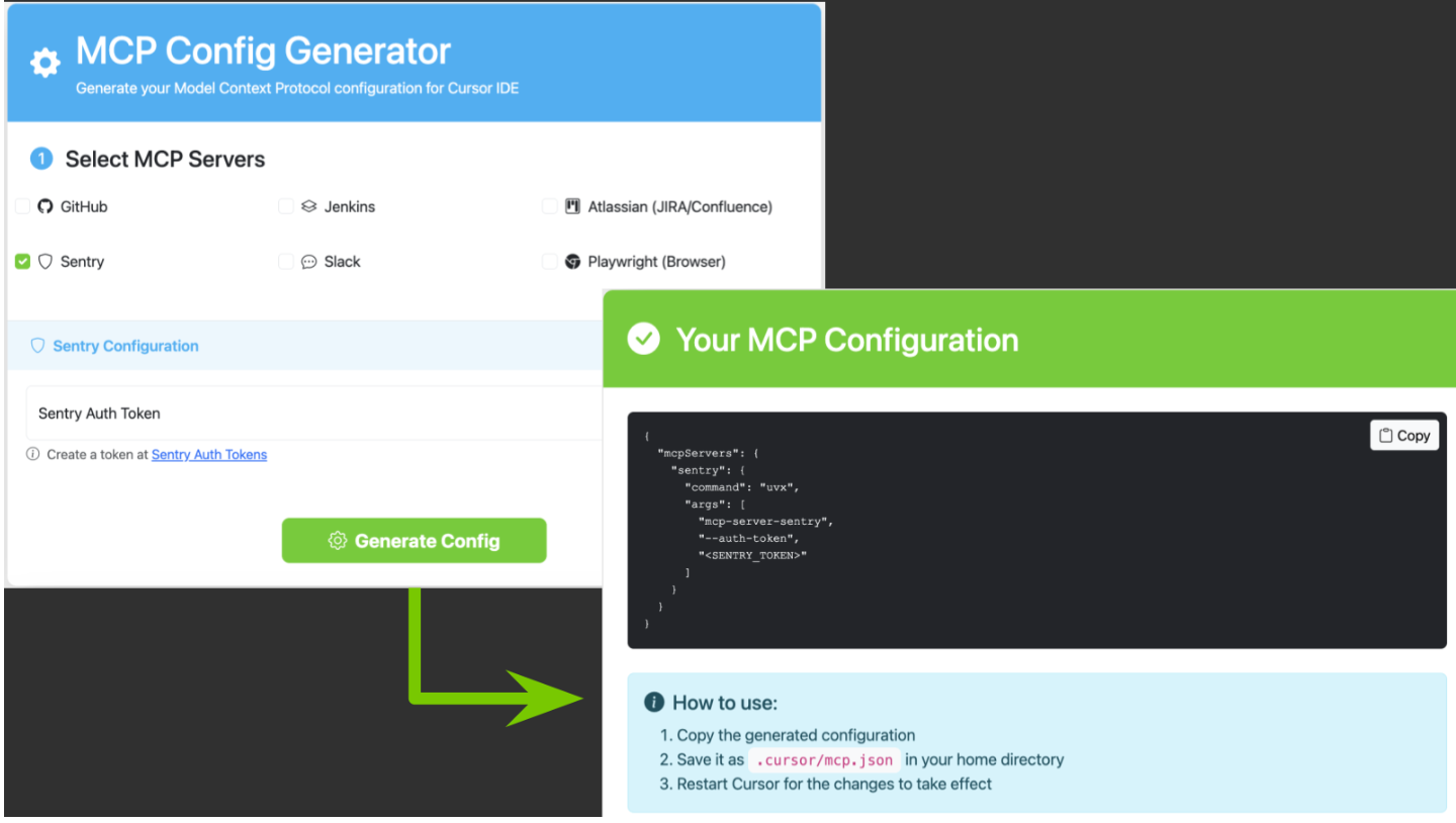 Screenshot of an internal "MCP Config Generator" web form: pick a server, paste an auth token, get a ready-to-use mcp.json snippet