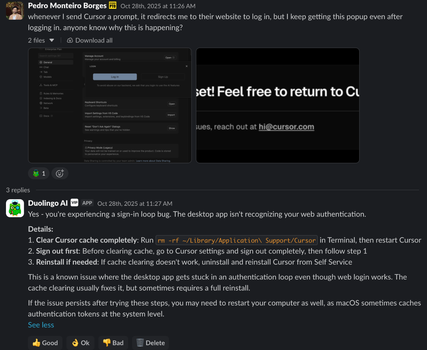 Slack thread where a user asks about a recurring Cursor login popup and @DuolingoAI replies with troubleshooting steps drawn from internal and public sources