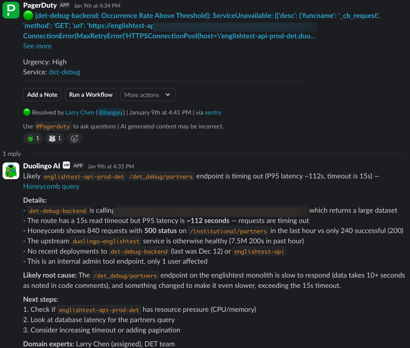 Slack thread where a DET PagerDuty alert fires and @DuolingoAI posts an investigation citing Sentry and Honeycomb, names a slow endpoint as the likely cause, and lists domain experts to escalate to