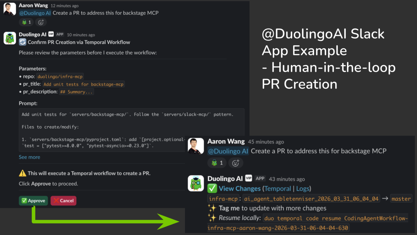 Slack thread where an engineer asks @DuolingoAI to open a pull request; the bot's reply shows Approve and Cancel buttons before any code is pushed