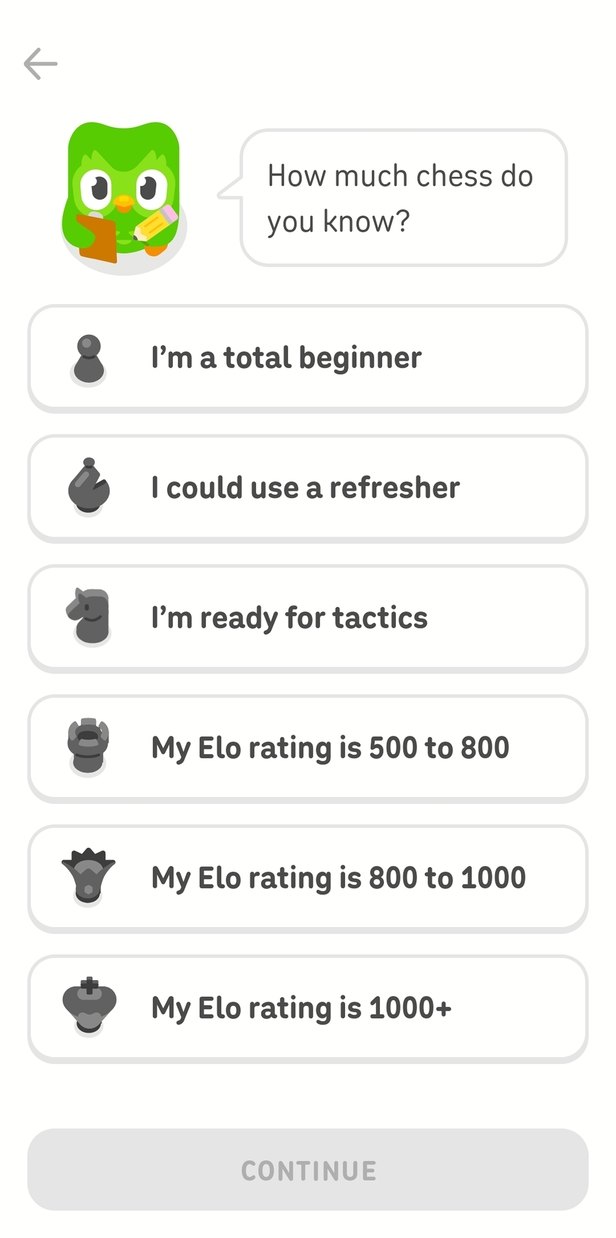 Screenshot of the Duolingo app after selecting the chess course. Duo the owl is asking the user “How much chess do you know?” and the user has six options that range from “I’m a total beginner” to “My Elo rating is 1000+.”