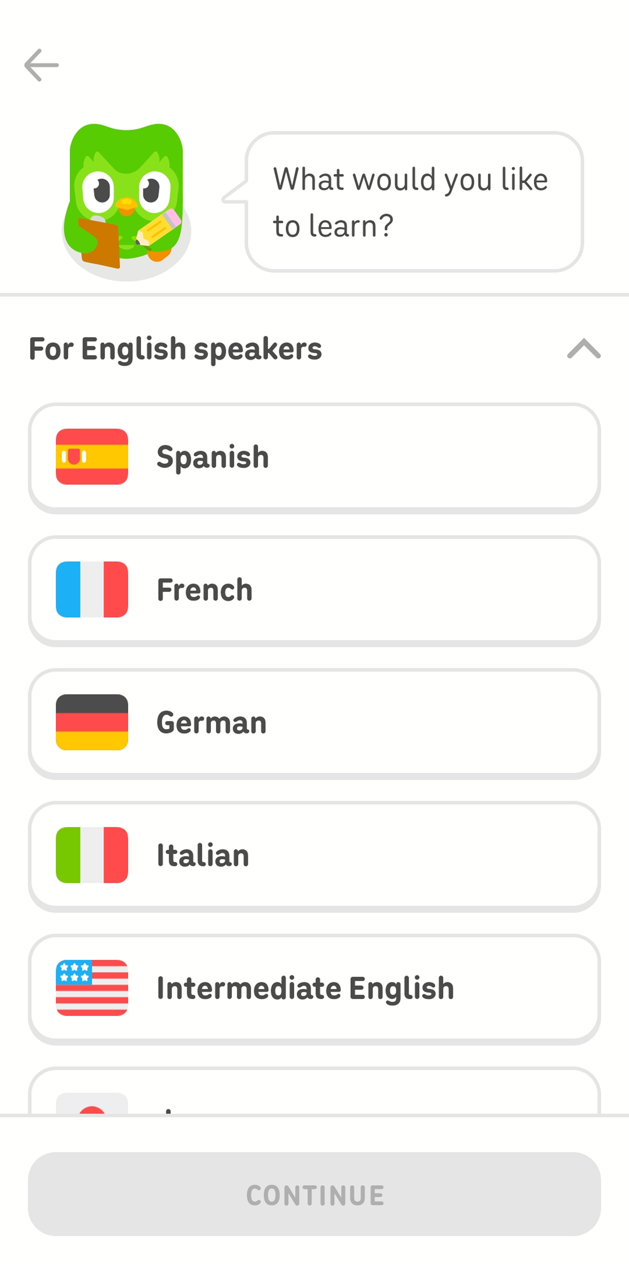 Screenshot of the Duolingo app. Duo the owl is asking “What would you like to learn?”, and several options for language courses are listed below.