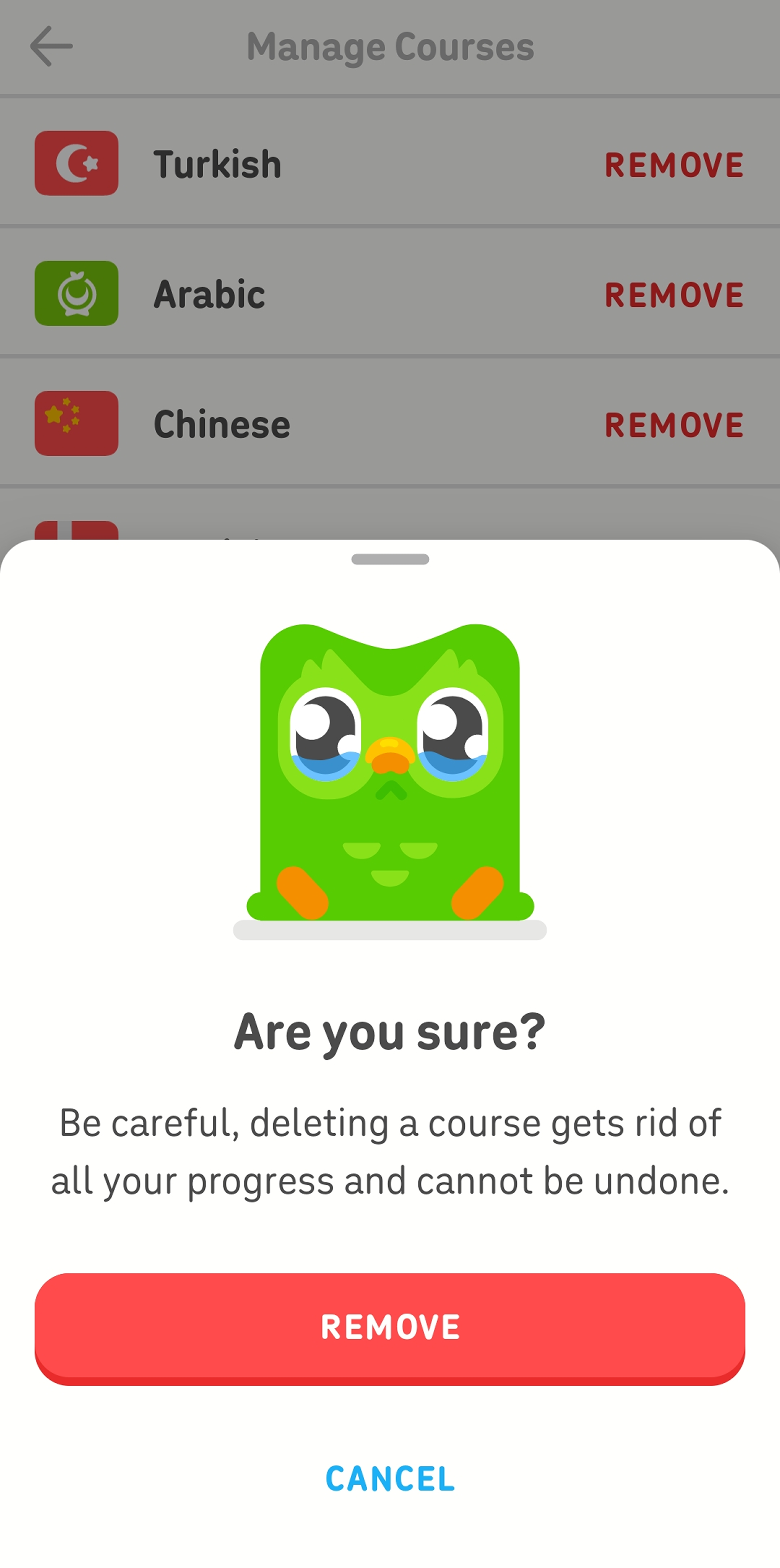 Screenshot of the “Manage Courses” screen in the Duolingo app. A confirmation pop-up has an image of Duo the owl with tears in his eyes, and the text beneath him reads “Are you sure? Be careful, deleting a course gets rid of all your progress and cannot be undone.” The user has the option to tap “Remove” or “Cancel.”