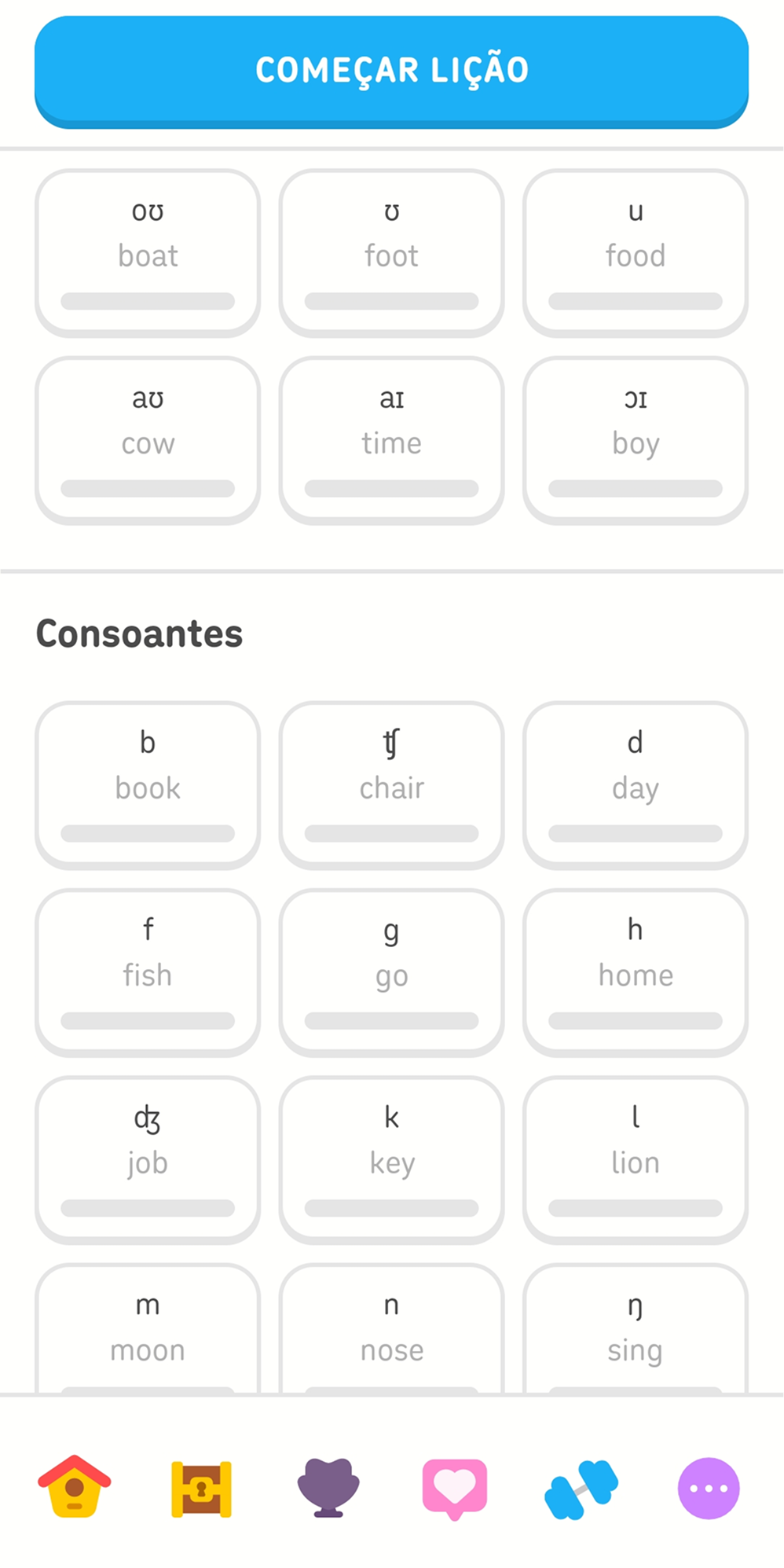 Captura de tela da aba de pronúncia, mostrando fileiras de vogais seguidas por uma seção com quadrados das consoantes do inglês.