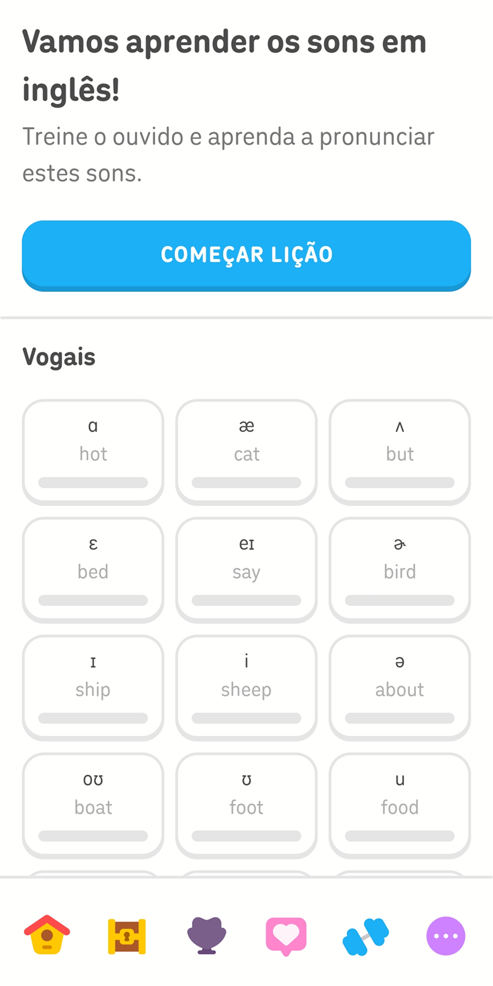 Captura de tela da aba de pronúncia, mostrando quadrados com as vogais da língua inglesa, cada uma representada por um símbolo fonético e uma palavra de exemplo. Os quadrados estão organizados em fileiras de três.