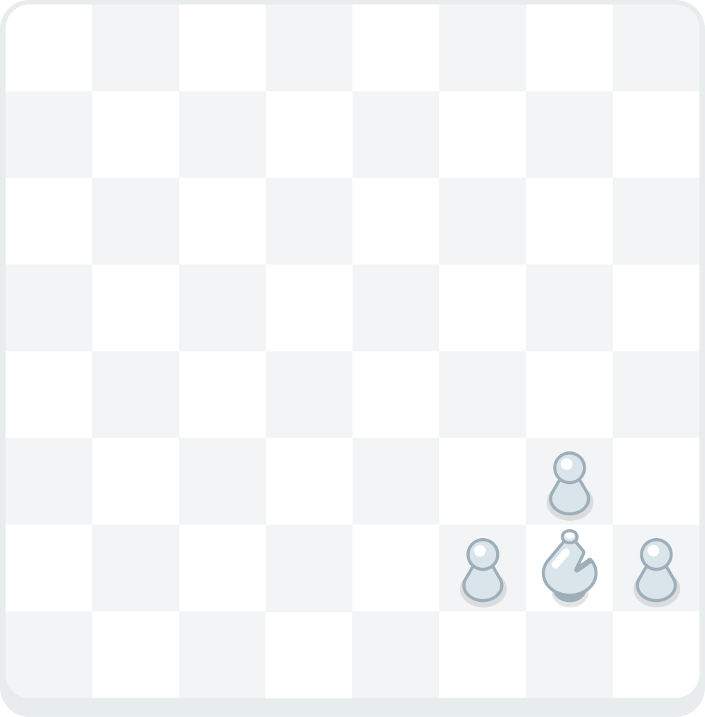 A chess board showing a white bishop (on g2) with pawns on both sides (f2 and h2) as well as in front of it (g3).