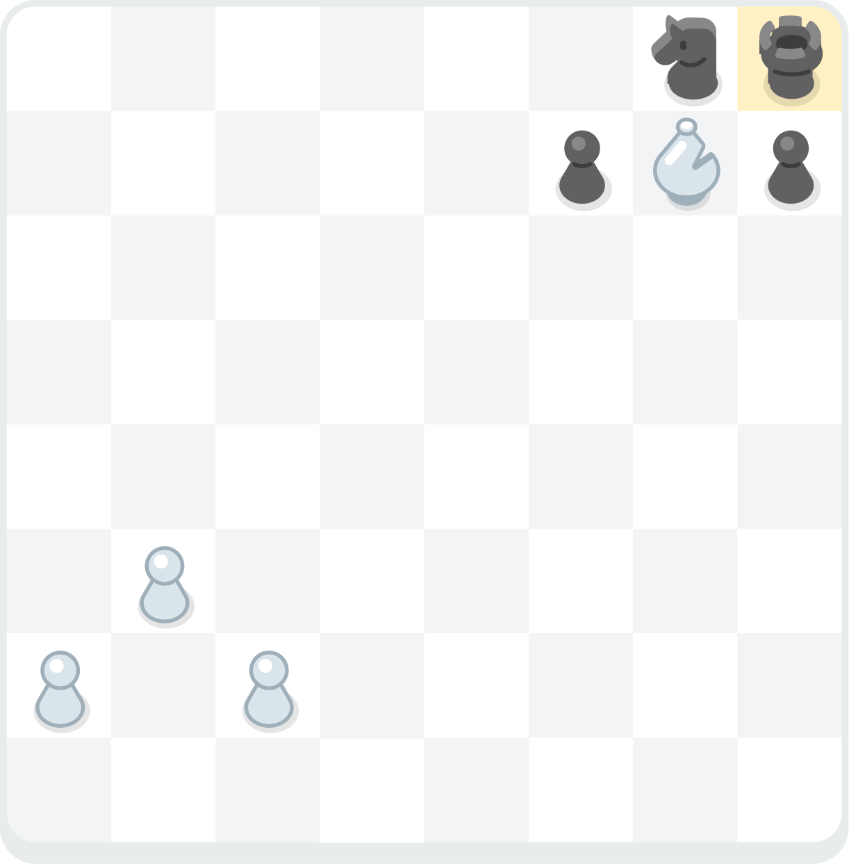 A chess board showing a black rook in the top right corner (on h8) with a knight to its left (g8) and a pawn in front of it (h7). The white bishop (on g7) has completely trapped the rook in the corner.
