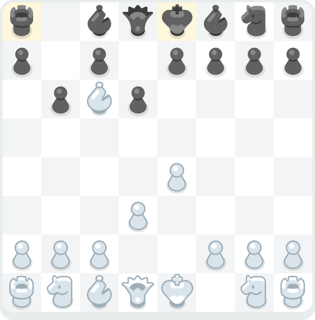 A chess board showing a white bishop attacking a black rook on one diagonal and simultaneously checking the black king on the other diagonal.
