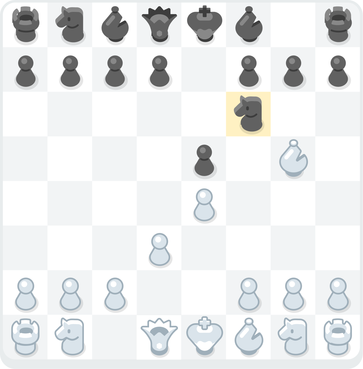 A chess board showing a white bishop on the same diagonal as a black knight and the black queen behind it, thereby pinning the knight.