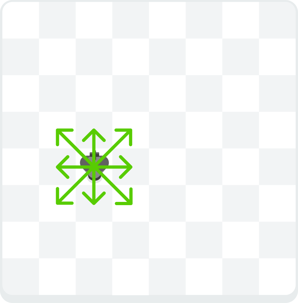A chess board showing a king with arrows indicating horizontal, vertical, and diagonal movement by one square in every direction.