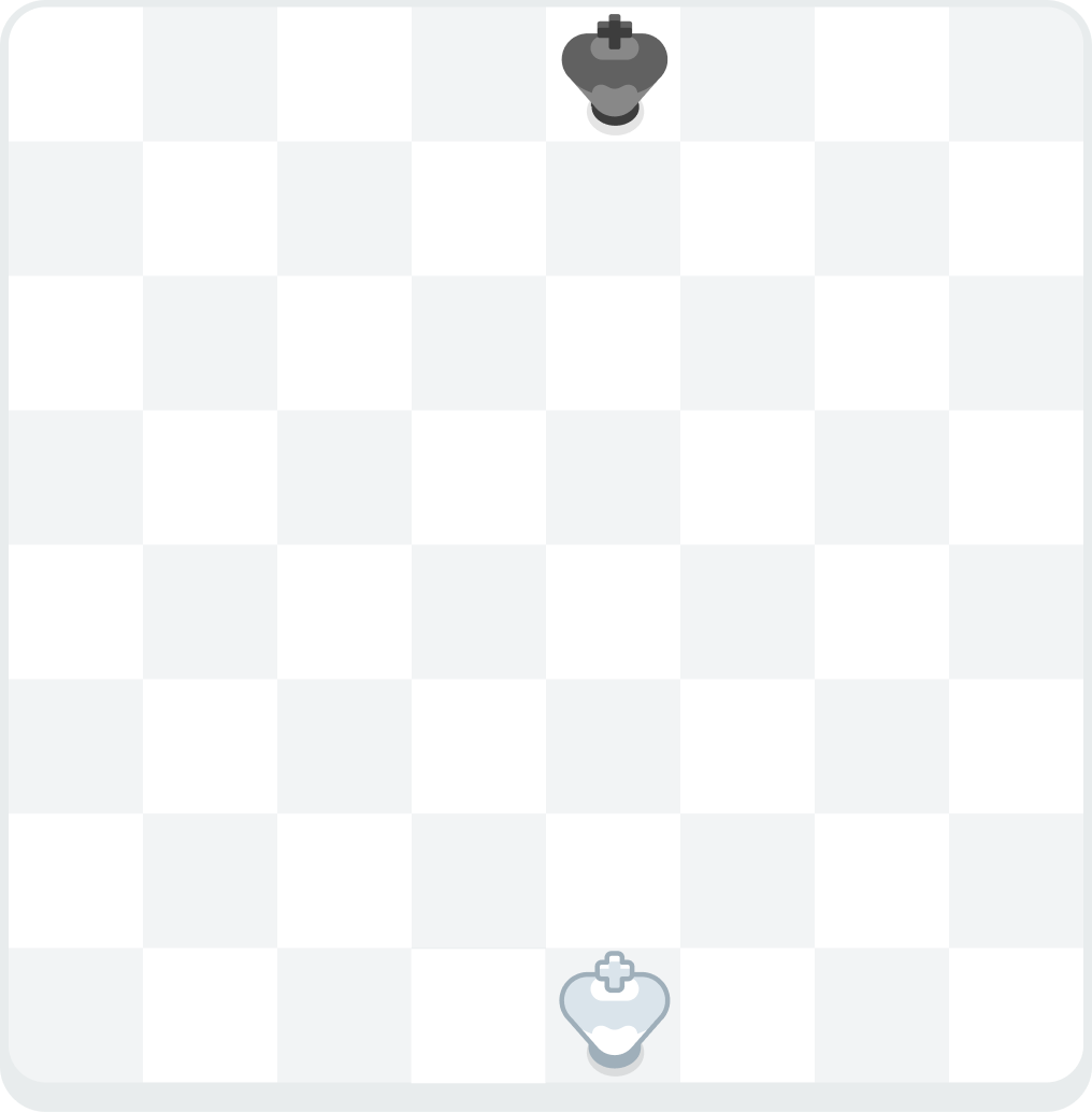 A chessboard showing the starting positions of the white and black king on the first and eighth row, facing each other.
