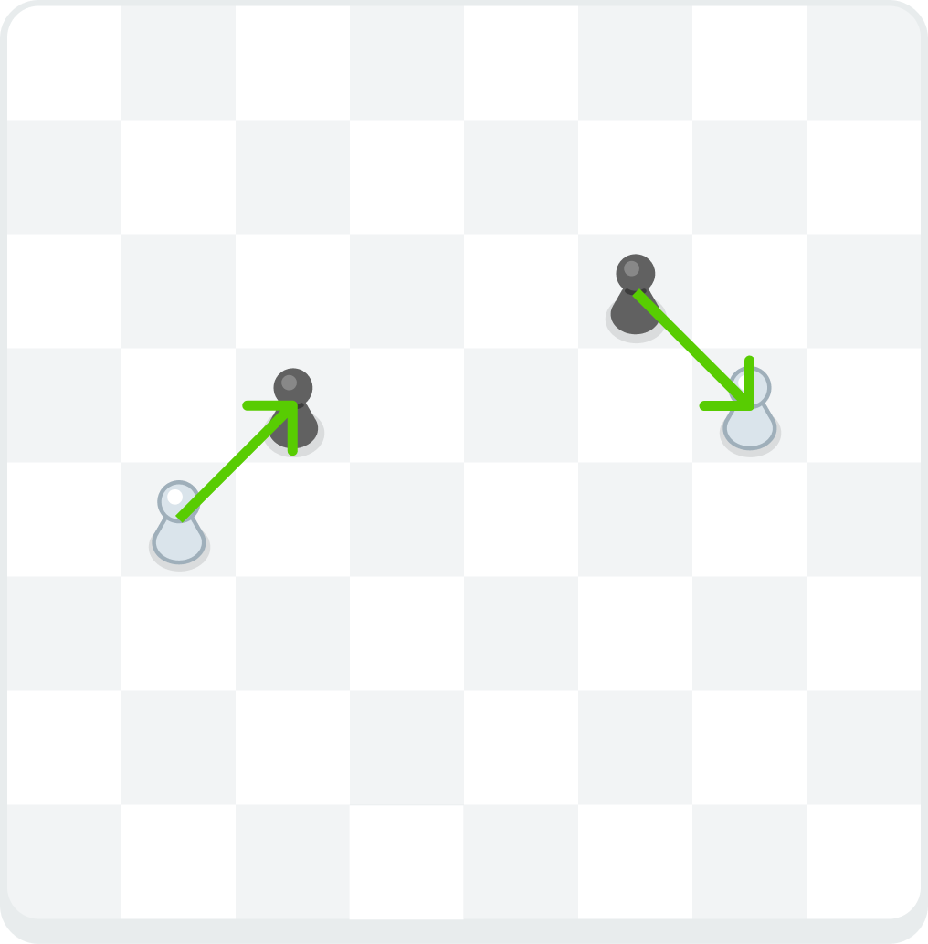 A chess board showing two white and two black pawns with arrows indicating capture movement. One of the white pawns is capturing a black pawn, the other black pawn captures the remaining white pawn.