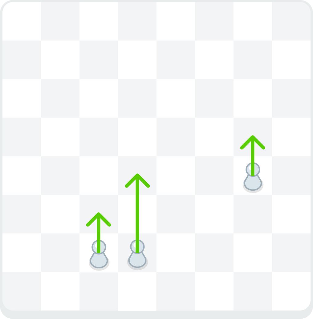 A chess board showing three pawns with arrows indicating forward movement. One pawn advances one square from the second row, another advances two squares from the second row, and a third pawn further up the board advances one square.