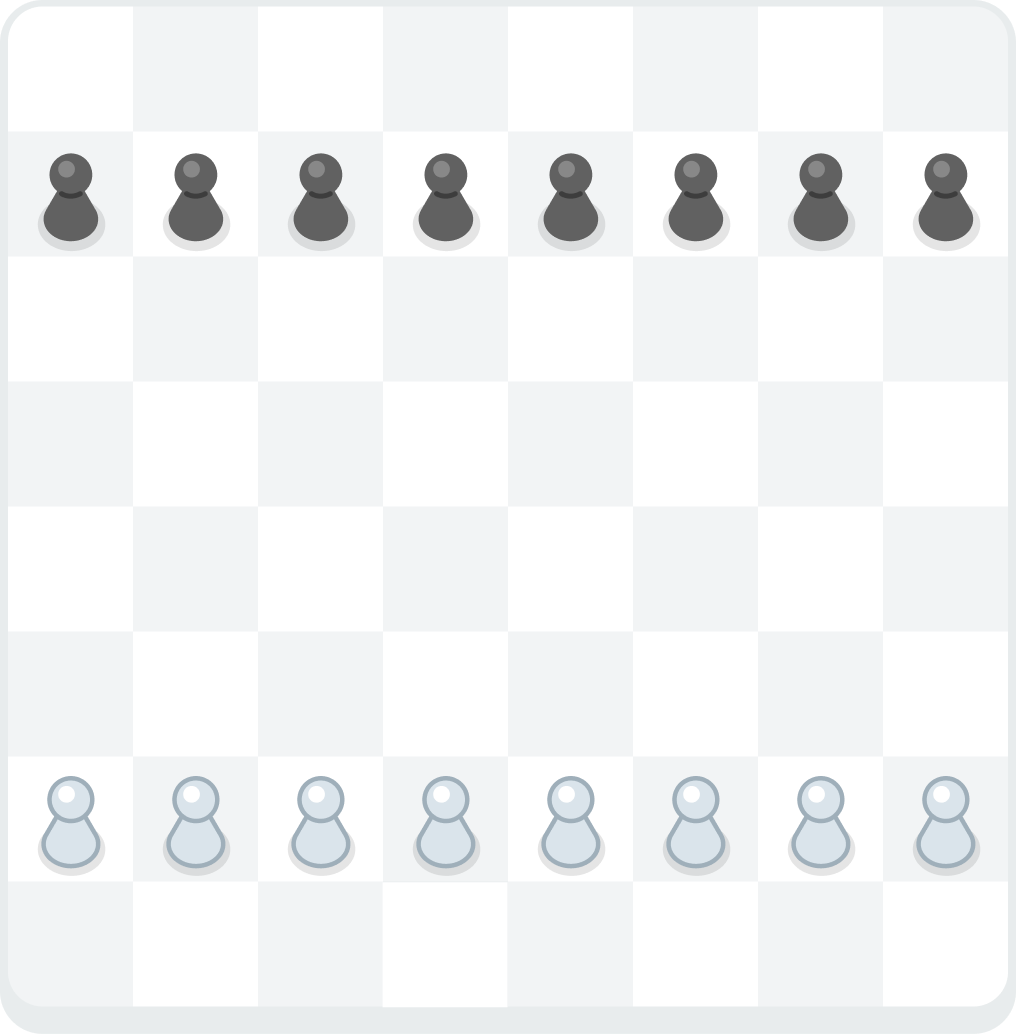 A chess board showing the starting positions of all white and black pawns lined up on the second and seventh row. 