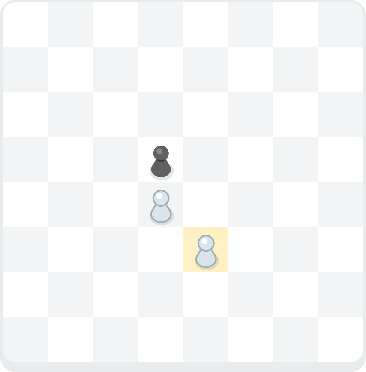 A chess board showing a white pawn (on d4) protected by a white pawn (on e3), and a black pawn directly in front of the pawn on d4 (on d5). The white pawn on e3 is highlighted in yellow. It is undefended and cannot safely advance, making it a backward pawn.