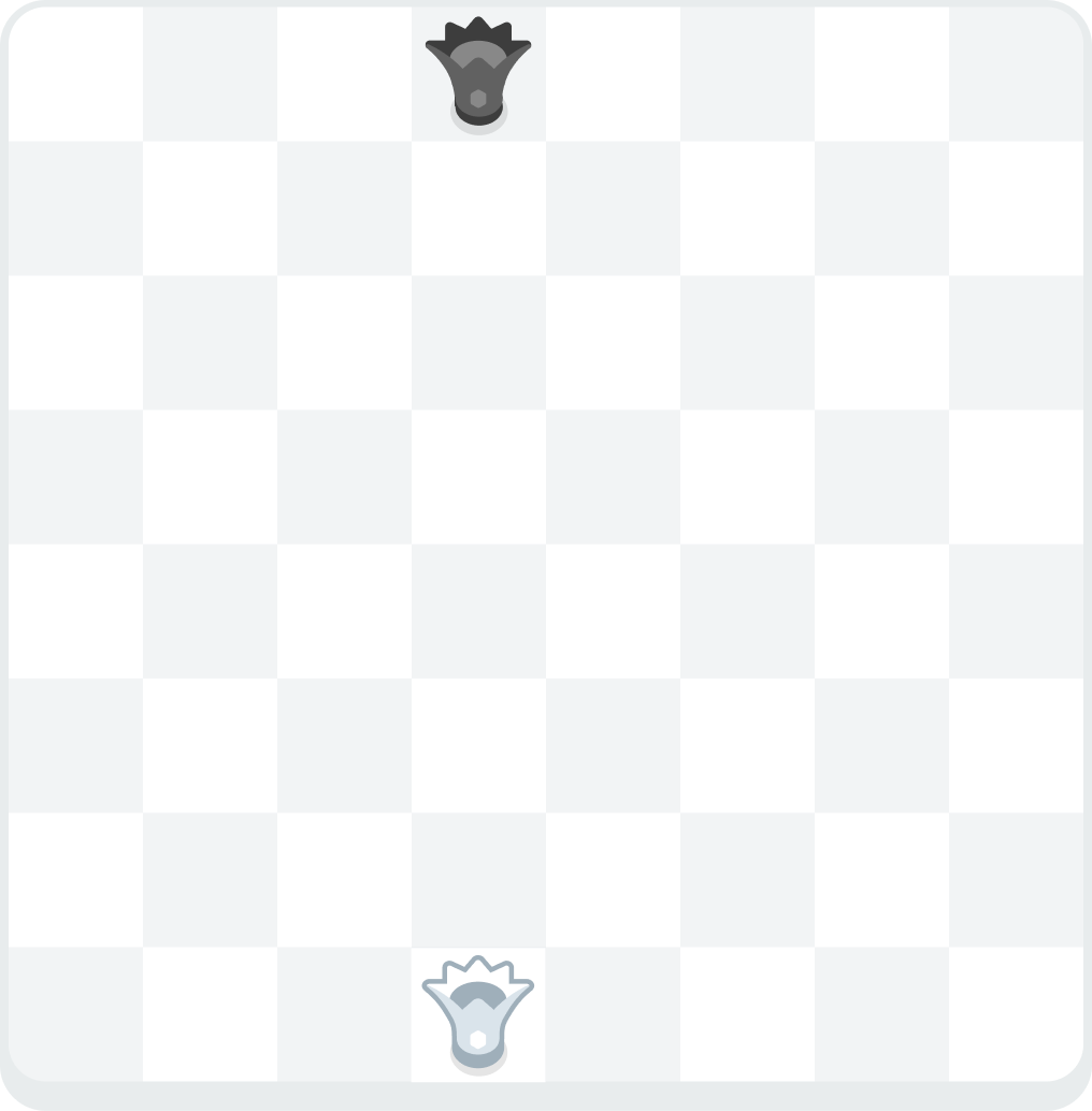 A chessboard showing the starting positions of the white and black queen on the first and eighth row, facing each other.