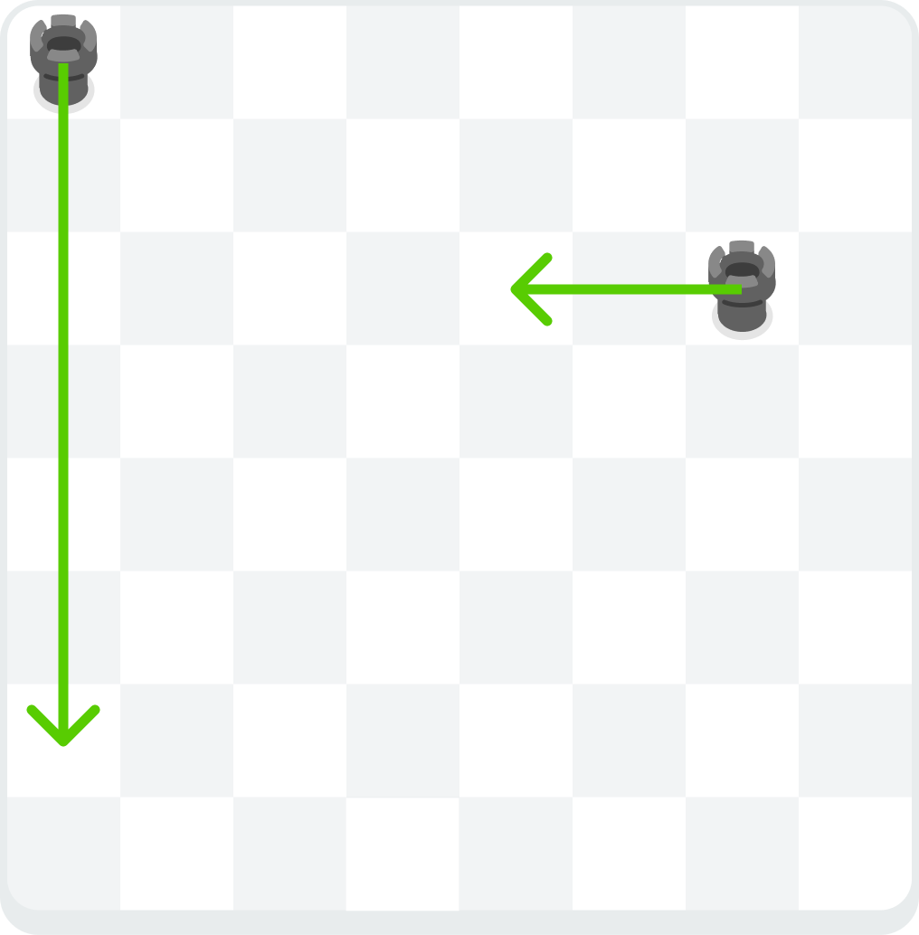 A chess board showing two rooks with arrows indicating movement. One rook moves six squares down. The other rook moves two squares to the left.