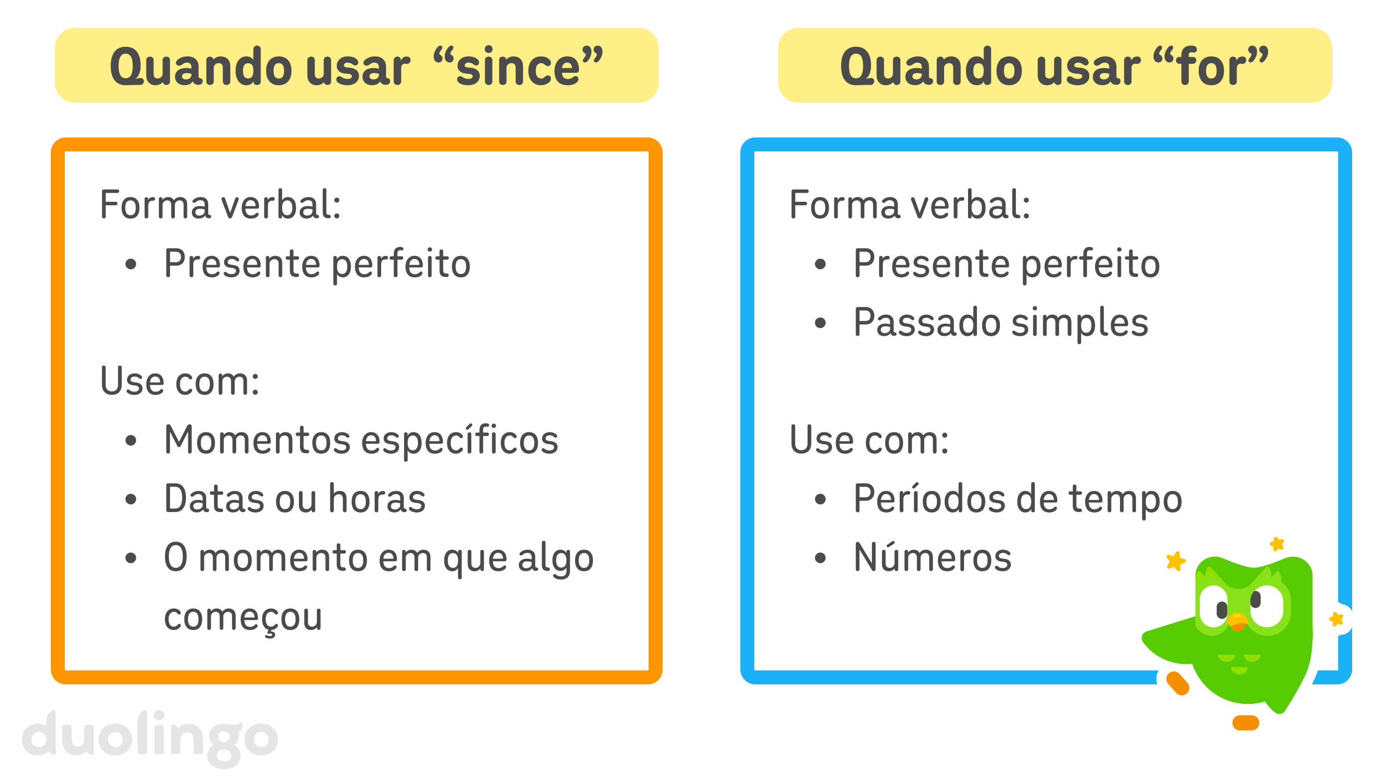 Tabela com os usos da preposição em inglês “since” e com os usos da preposição em inglês “for”, com a coruja Duo com tontura no canto inferior. “Since” é usado com o presente perfeito e com momentos específicos, datas ou horas e com o momento em que algo começou. “For” é usado com o presente perfeito e com o passado simples, e com períodos de tempo e números.