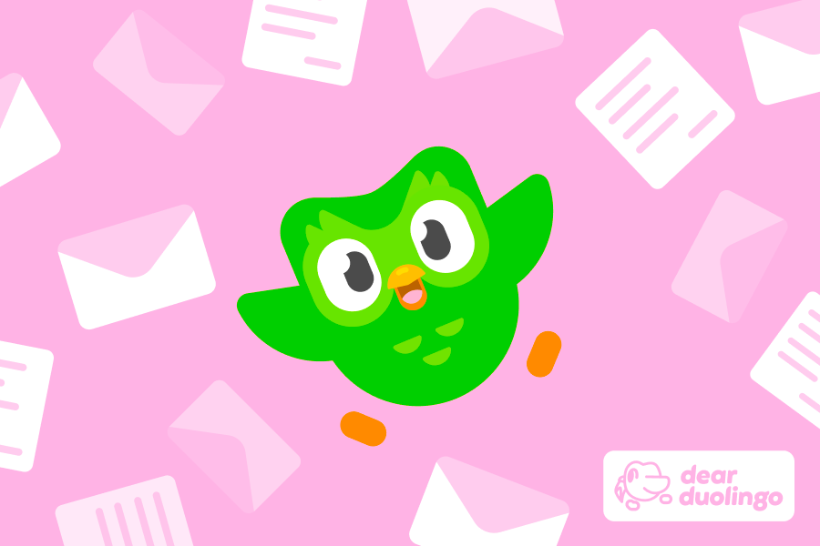 Illustration of Duo the owl surrounded by envelopes and letters with the “Dear Duolingo” logo in the corner