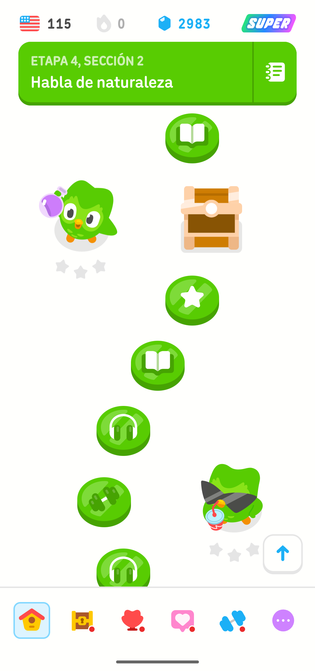 Serie de unidades en una minisección en la ruta de aprendizaje de Duolingo. Una serie de ocho unidades con diferentes símbolos (una estrella, un libro, una cámara de video, unos audífonos, etc.) desciende por la pantalla.