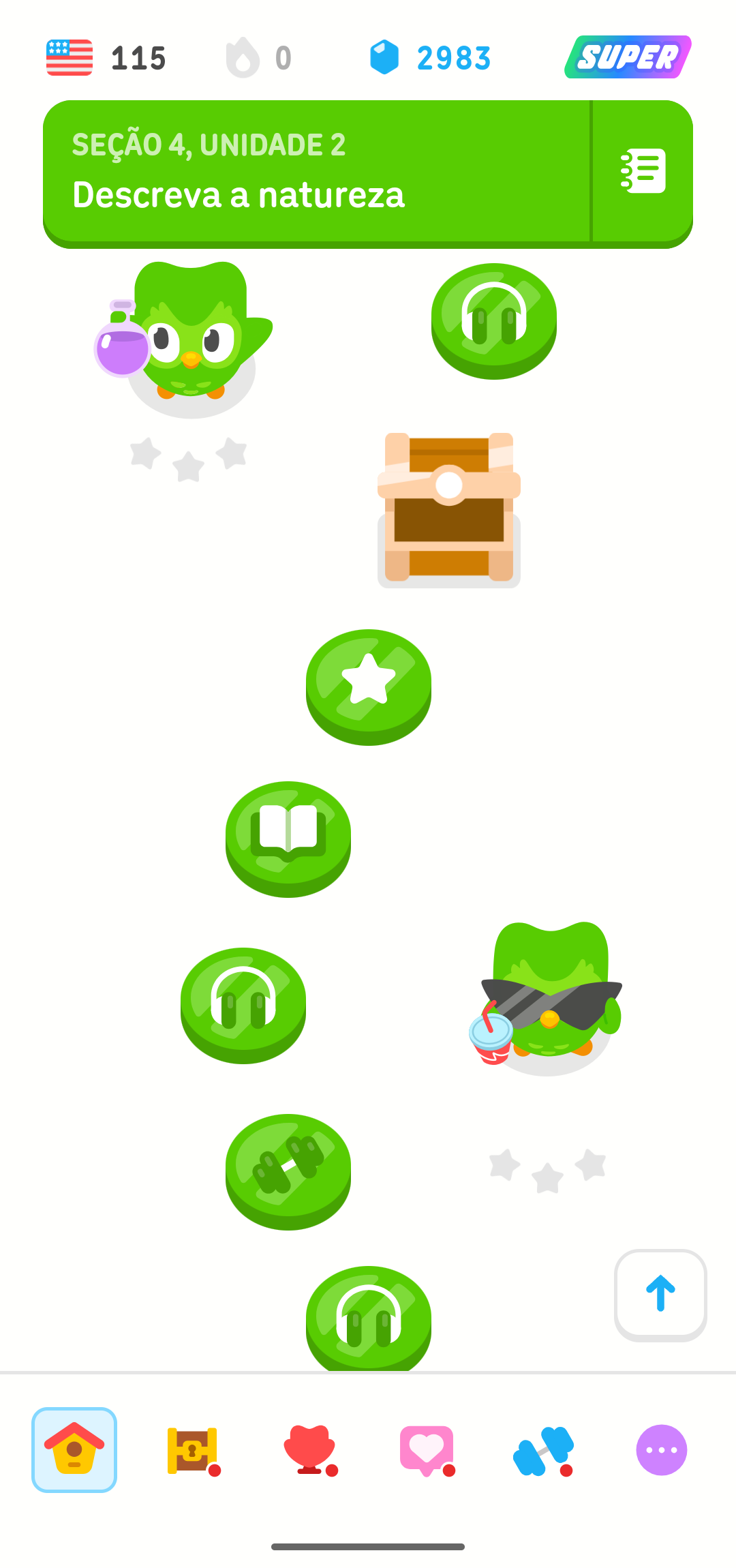 Série de níveis em uma mini-unidade na trilha de aprendizado do Duolingo. Uma série de seis níveis com símbolos diferentes (fones de ouvido, estrela, livro, halter etc.) desce em cascata pela tela.