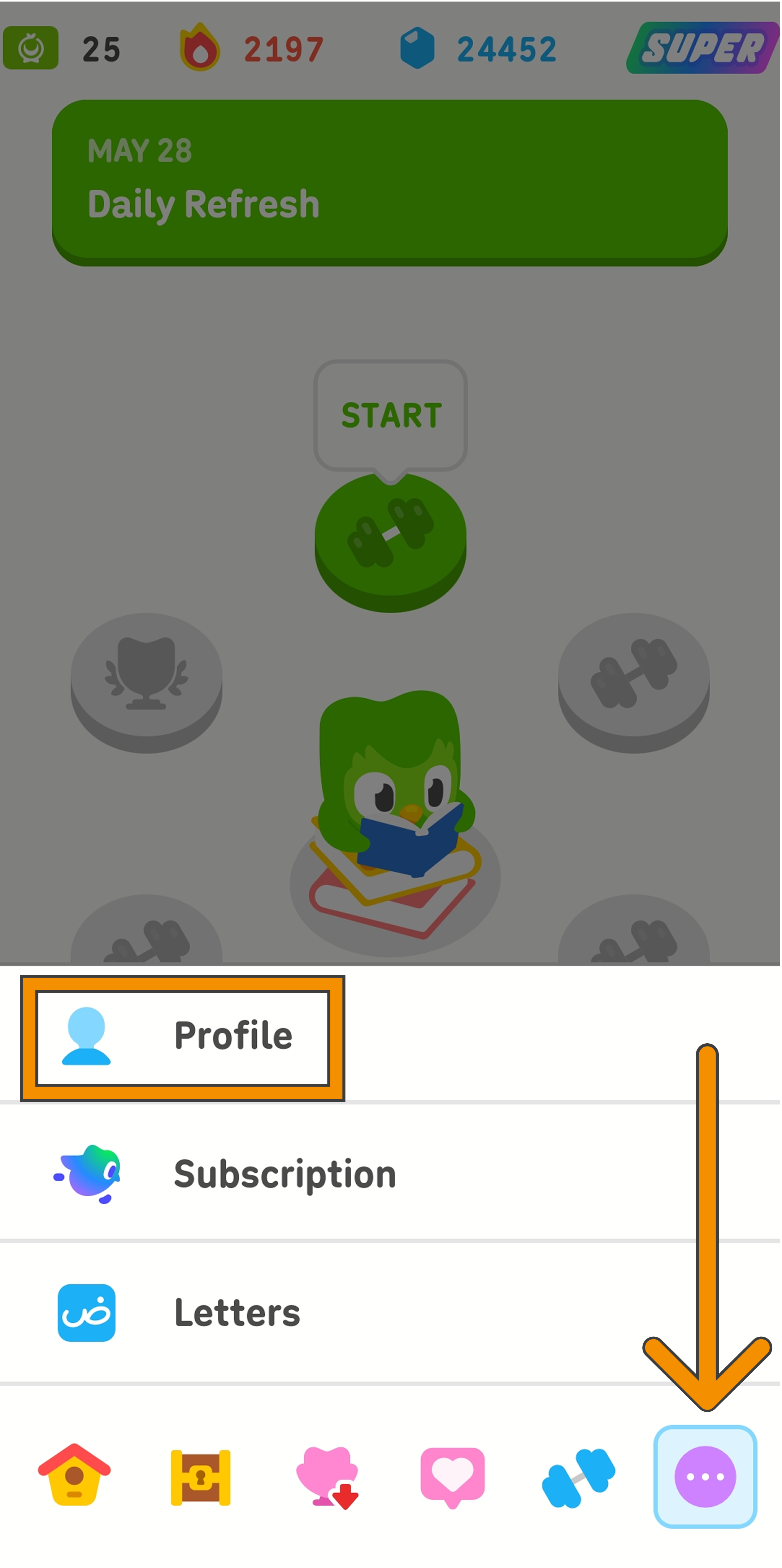 Screenshot of the learning path for the Duolingo Arabic course. The user has tapped on the icon with 3 dots and opened more options, which include “Profile,” “Subscription,” and “Letters.” There is an orange arrow pointing to the icon with 3 dots, and an orange rectangle highlighting the “Profile” option.