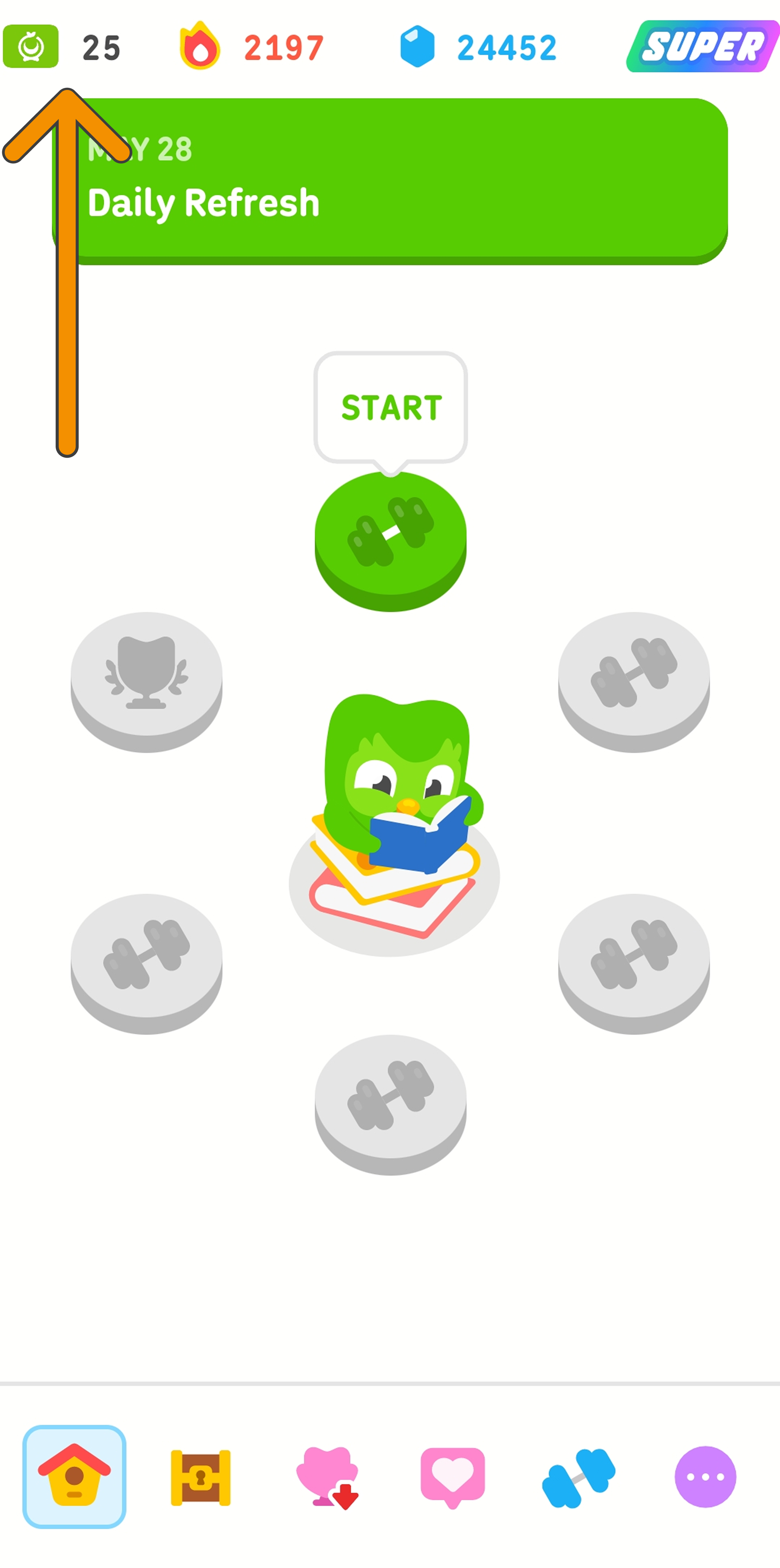 Screenshot of the learning path for the Duolingo Arabic course. An orange arrow is pointing to the top left corner of the screen at the icon of the Arabic course.